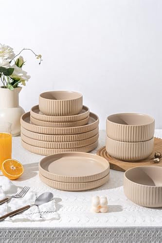 FOBENTA Dinnerware Sets for 4, 12-Piece Warm Taupe Plates and Bowls Sets, Stoneware Dish Set with Earthy Elegance, Microwave & Dishwasher Safe, Cozy & Versatile for Everyday Dining & Gatherings - Thumbnail 4