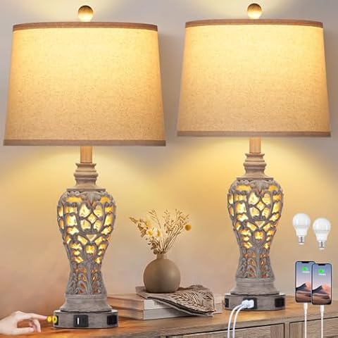 Rinweey Farmhouse Table Lamps Set of 2 with Nightlight, Rustic Bedside Lamps with USB A+C Ports & AC Outlet, Vintage Nightstand Lamps for Bedroom(Bulbs Included) Cover