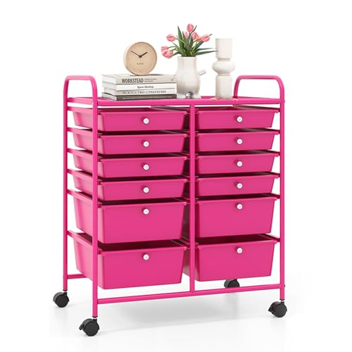 LDAILY 12 Drawer Rolling Storage Cart, Craft Cart Organizer on Wheels w/Metal Frame, Large Capacity & Smooth Drawer, Rolling Cart w/Drawers for Classroom, Office