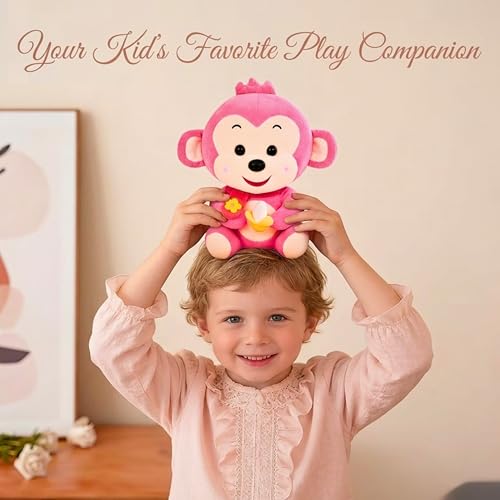 Image of Tickles Cute Smiling Muffler Monkey with Banana Soft Stuffed Plush Animal Toy for Kids Boys & Girls Birthday Gift (Size: 25 cm Color: Pink)