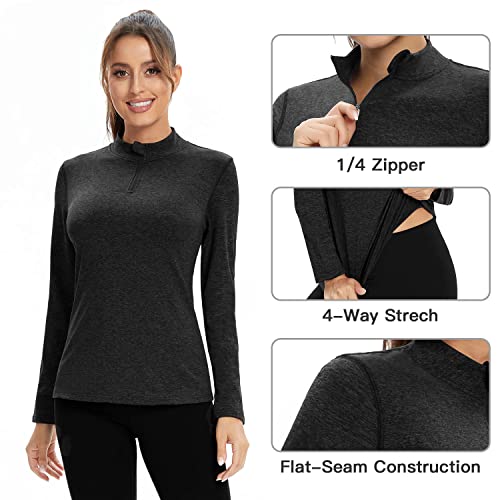 Woweny Women Fleece Running Shirt Thermal Long Sleeve Quarter Zip Pullover For Womens Sport Athetic Tops Deep Grey #TOP3