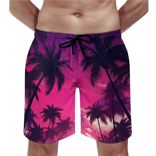 Men Hawaiian Swimsuits Drawstring Elastic Waist Swim Trunks Palm Pattern Beach Board Shorts2