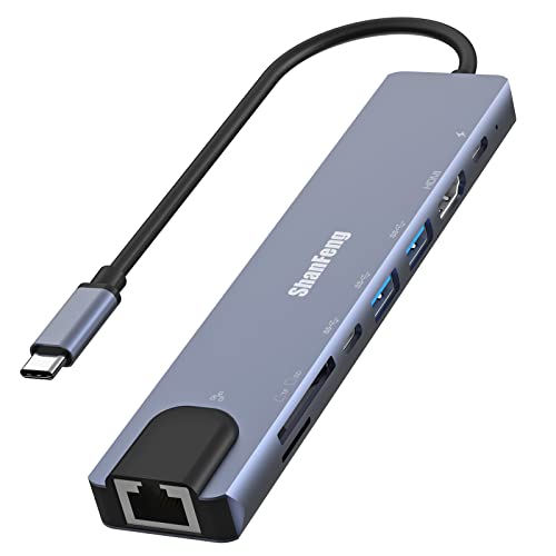 ShanFeng USB C Hub Ethernet 8 en 1 USB C adaptador con 4K 60 Hz HDMI LAN RJ45 100 W PD 10 Gbps USBC y 2 puertos de datos USBA lector de tarjetas SD microSD compatible con iPad Pro MacBook Pro Air Cover
