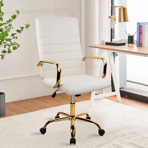 CLATINA White and Gold Office Chair Leather Executive Computer Desk Chairs with Wheels Ergonomic Swivel Chairs Task Stools with Arms Height Adjustable for Home Bedroom Vanity and Living Room