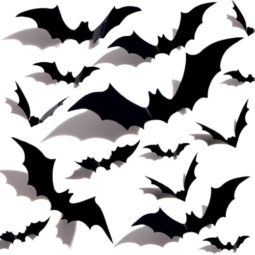 GoldRock 4 Größen 3D Fledermaus Deko Halloween Sticker, 36 Stück Groß Halloween Deko Fledermäuse Wandaufkleber,Fledermaus Aufkleber Schwarz,Gothic Fensterbilder Helloween Dekorationen für Wand,Fenster