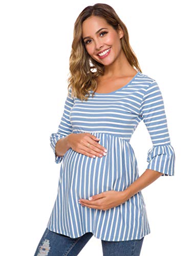 Ecavus Womens Casual Maternity Tops Striped Peplum 3/4 Ruffle Sleeve Shirt Ultra Soft Pregnancy Clothing #TOP3