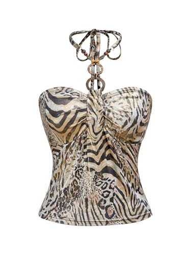 SOLY HUX Women's Leopard Print Halter Top Y2k Ruched Tie Backless Sleeveless Slim Fit Going Out Tops