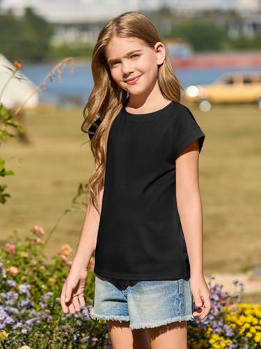 Image of Haloumoning Girls Cap Sleeve T Shirts Kids Summer Crewneck Solid Tops Tees 5-14 Years