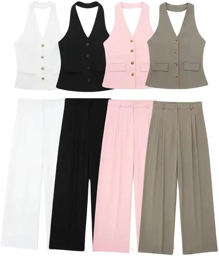 Womens Two Piece Pant Set Solid Color Sleeveless V Neck Zipper Vest Tank Top and Loose Trousers for Office