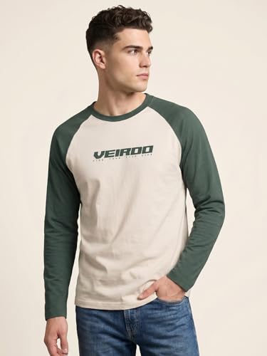 Image of Veirdo Pure Cotton Regular Fit Round Neck Front Chest Typographic Logo Printed Raglan Full Sleeve T-Shirt for Men (Colors: Green, Brown & Maroon)