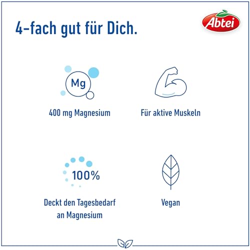 Abtei Magnesium 400 - hochdosiertes Magnesium für aktive Muskeln - bei Sport und körperlicher Belastung - Deckt 100% des Tagesbedarfs - Vegan, glutenfrei, laktosefrei - 1 x 30 Tabletten