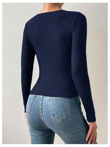 SHENHE Women's Ribbed Sweater Pullover Sexy Cut Out Twist Keyhole Knit Fitted Sweater Top3