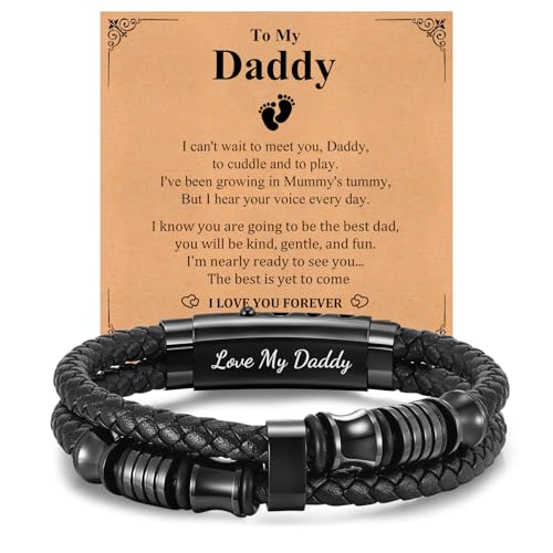 FLHEART Daddy Gifts Mens Bracelets - Black Braided Leather Bracelets Engraved Love Message for Bump Dad New Dad, Daddy To Be Gifts For Father's Day Birthday Christmas