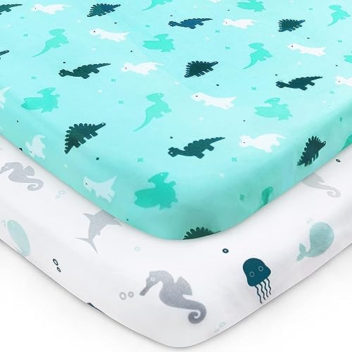Travel Cot Fitted Sheets, 2 Pack Ultra Soft Crib Sheets Compatible With Graco, Red Kite Travel Cot - Soft and Breathable, Aqua Dinosaurs & Oceans