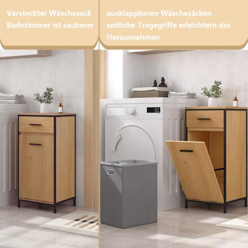 EUGAD Badezimmerschrank mit faltbarem Wäschesack, Wäscheschrank Wäschesammler Wäschekorb mit Schublade, Badschrank Badmöbel mit Metallrahmen, helle Eiche + Schwarz, 38x80x34 cm