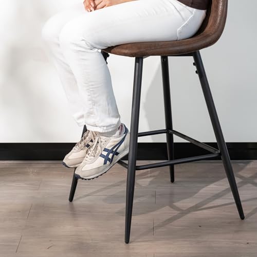 39F FURNITURE DREAM Set of 2 Industrial Style Bar Stools Suede Fabric Seat and Black Metal Legs Seat Height 66cm, Brown, 50x47.5x91.5cm