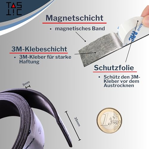 TASTIC - Selbstklebendes Magnetband 3mm x 35mm x 6m. Magnetklebeband selbstklebend extra dick und extra breit. Das Klebeband ist magnetisch, stark klebend und zuschneidbar