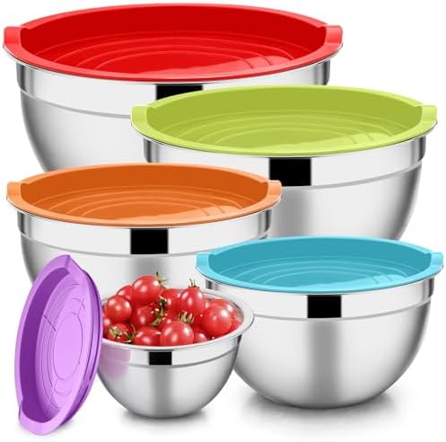 E-far Mixing Bowls with Lids Set of 5, Stainless Steel Mixing Bowls Metal Nesting Bowls with Airtight Lids, Non-toxic & Dishwasher Safe, Great for Cooking, Baking, Serving - Size 0.7/1/1.5/3/4.6QT - Thumbnail 4