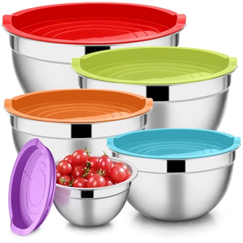 E-far Mixing Bowls with Lids Set of 5, Stainless Steel Mixing Bowls Metal Nesting Bowls with Airtight Lids, Non-toxic & Dishwasher Safe, Great for Cooking, Baking, Serving - Size 0.7/1/1.5/3