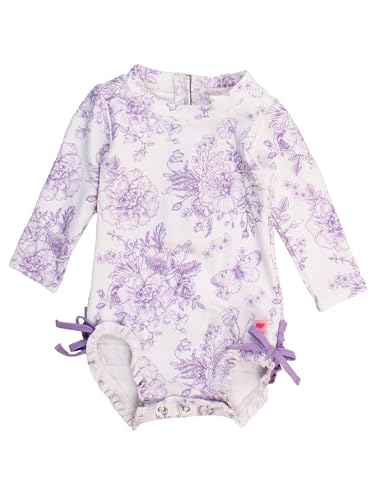 Image of RuffleButts Baby Girls UPF 50+ Sun Protection Floral Printed Long Sleeve One Piece Rash Guard Swimsuit with Zipper