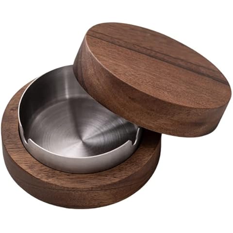 Aschenbecher aus Walnussholz mit Deckel - Aschenbecher für den Innen- und Außenbereich - Original Aschenbecher mit Anti-Geruchs-Deckel - Farbe: Holz und Metall Cover