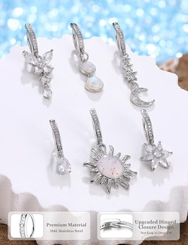 JOERICA 6 Pcs 14G Clicker Belly Button Ring for Women 316L Surgical Steel Butterfly Snake Evil Eye Heart CZ Opal Dangle Belly Button Rings Simple Reverse Navel Rings Body Belly Piercing Jewelry 5
