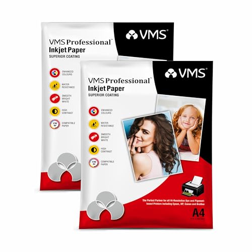 Image of VMS Professional 220 GSM A4 Double Side Glossy Photo Paper - Waterproof, Pack of 2 x 20 sheets, Compatible with all Inkjet Printers