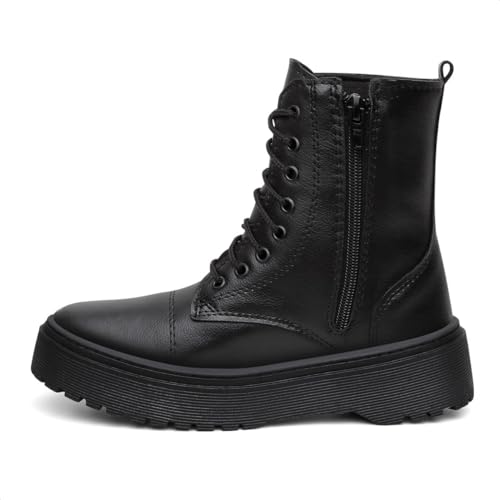 Bota Militar Feminina Coturno Cano Médio Flatform Cadarço Preto+Branco