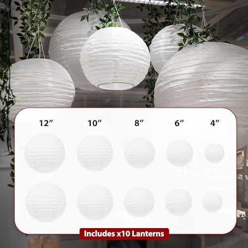 Image of Mudra Crafts Mixed Size Round Chinese White Paper Lanterns Hanging Decor | 10 PCs, Reusable, Indoor Outdoor Decorative Lamp Shade, for Ceiling, Wedding, Shower, Party, Festival, Home Decoration