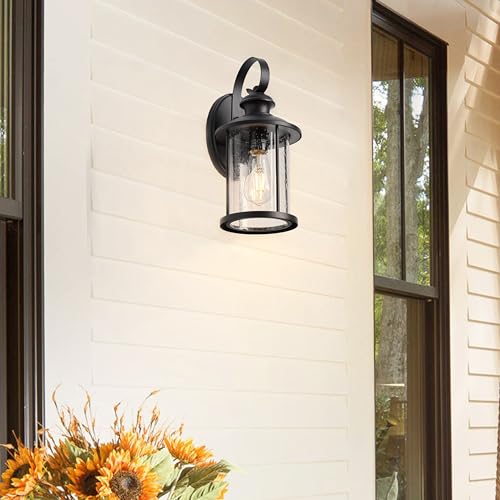 Image of MICSIU 13.75 inch Matte Black Farmhouse Outdoor Wall 1 Pack | Clear Seedy Glass, Anti-Rust, Outside Porch Light For House, Porch, Garage, Front Door