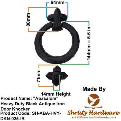 Shristy Hardware "Abasalom" Heavy Duty Black Antique Iron Door Knocker for Door Front - Exterior for Home Iron Door Knocker - (Pack of 1 Black Powder Coated Finish)