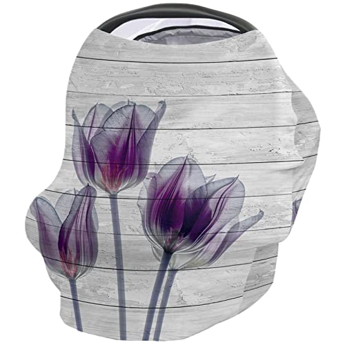Nursing Cover for Breastfeeding Scarf, Purple Flower White Wood Grain Baby Car Covers Super Soft Multi Use for Canopy Shopping Cart Cover Blanket Stroller Cover