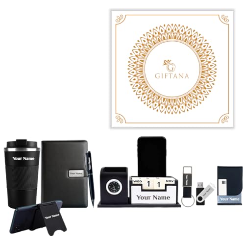 Image of Giftana 8 in 1 Personalized Corporate Gift Set, Customized Name Diary, Tumbler, Metal Pen, Card Holder, Keychain, Pen Drive, Mobile Stand & Desk Organizer, Diwali Gifts, Black Office Gift Combo