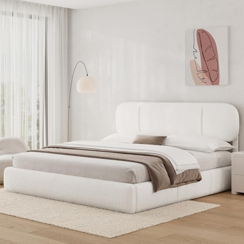 King Size Bed Frame with Storage, Boucle Cloud Bed with 4 Locking Drawers & LED Lights, Modern Upholstered Platform Bed, Plush Sides & Footboard, Adjustable Headboard, No Box Spring, White W