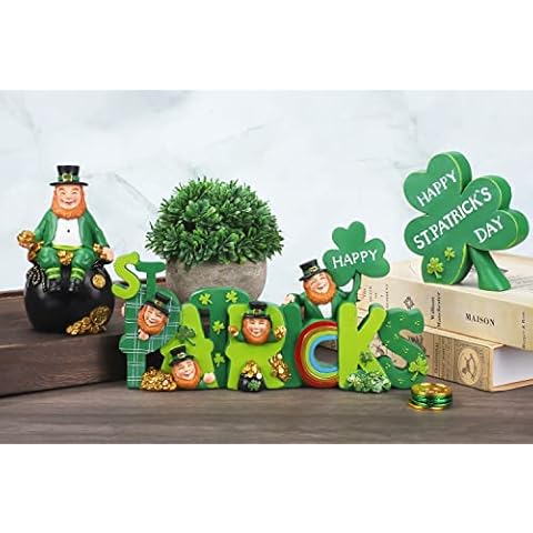 Fovths 3 Stück St. Patrick's Day Zug grüne Buchstabe Tischdekoration Harz Tischdekoration Kleeblätter Elfe Tischdekoration Party Zubehör Cover