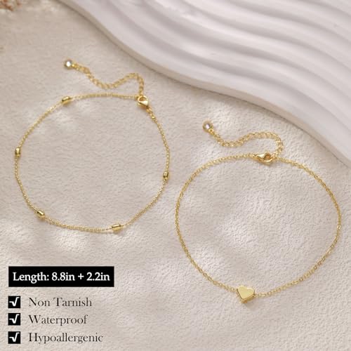 Image of FUNEIA Gold Silver Ankle Bracelets for Women Waterproof 14K Gold Plated Anklets for Women Non Tarnish Dainty Layered Beaded Heart Anklet Set Summer Beach Foot Chain Jewelry Gifts Trendy Stuff