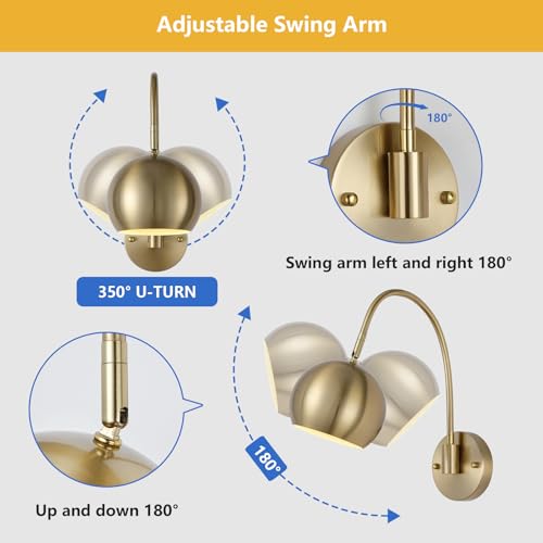 Image of MWZ Gold Battery Operated Wall Sconces Set of 2,Rechargeable Sconces Wall Lights Wireless Swing Arm Modern Light Fixture with Remote,3 Color Dimmable Adjustable Angle Indoor Wall Lamp for Bedroom