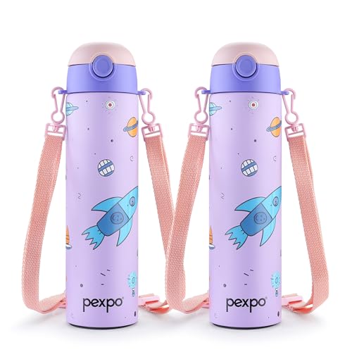 Image of Go24 pexpo Sporty ISI Certified Stainless Steel Water Bottle For School Kids - 700ml (Pack Of 2) | 6+ Years | Sipper Cap | Leakproof & BPA Free | Picnic, Travel, Sport - Purple Rocket UV Print