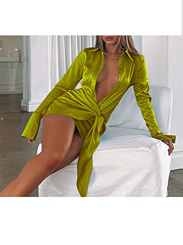 Image of LYANER Women's Stain Deep V Neck Button Down Tie Front Long Sleeve Mini Short Dress