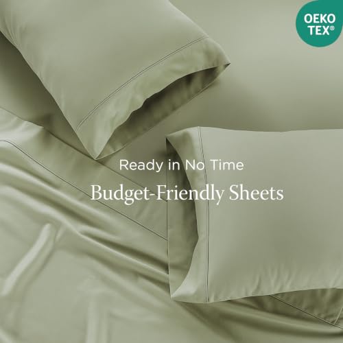 Image of Threadmill 300TC Cotton King Sheet Set, Sateen, Solid, Sage Green, 4-Piece | 100% Cotton, Sateen Weave, 4-Piece Set, 16 inch Deep Pocket, Fade-Resistant, Breathable, All-Season, Lightweight