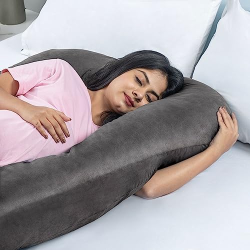Wakefit Pregnancy Pillow | 3 Month Warranty | Velvet U-Shape Maternity Pillow for Pregnant Mothers, Pillow for Pregnant Women | Charcoal Grey