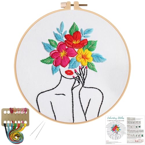 Louise Maelys Floral Embroidery Kits for Beginners,Woman Flowers Pattern Cross Stitch kit for Adults,DIY Needlepoint for Starters,Including Hoop,Instruction and Threads
