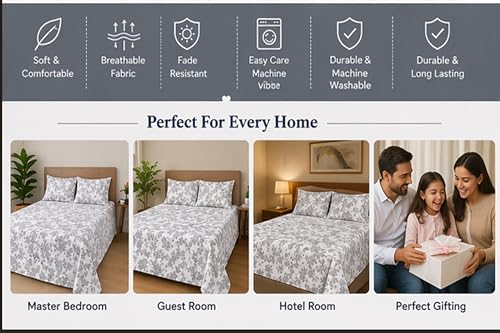 Image of Bedsheet for King Bed Include Pillow Covers | Grey Bloom Elegance Premium Bedding | Pure Cotton 144 Thread Count|108x108 inch - Grey Bloom Elegance