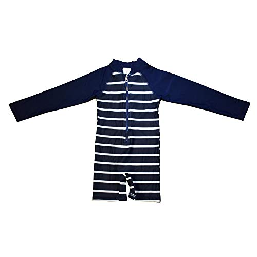 Aschlop Baby Boy UPF50+ Sunsuit Kids UV Sun Protection L/S One-Piece Zipper Swimsuit(NavyStripe,24-36M)