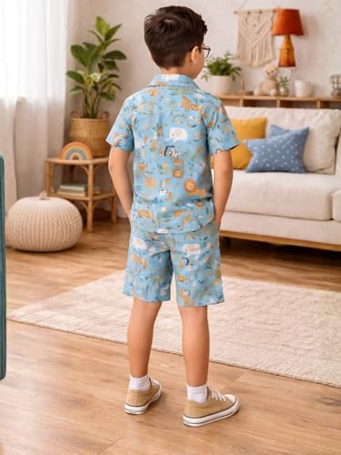 Image of superminis Boys Coordinated Set With Printed Rayon /Cotton Shirt and Shorts