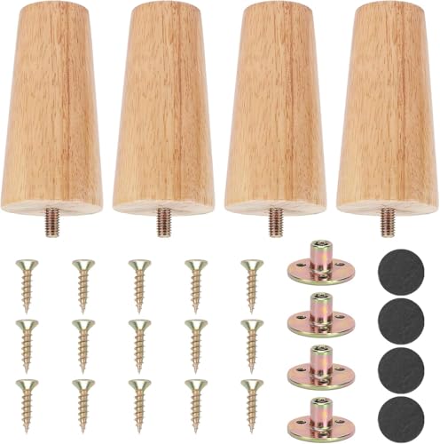 Luabue 4 Piezas 10cm Conicas Patas de Madera con Placa de Montaje Tornillos y Protector Antideslizante para Muebles de Sofa, Mesa, Reemplazo