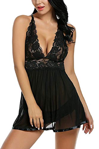 Voqeen-Mujeres-Atractivo-Body-de-encaje-Lenceria-Semitransparente-sexy-Babydoll-sin-mangas-para-mujer-Ropa-de-dormir-Interior