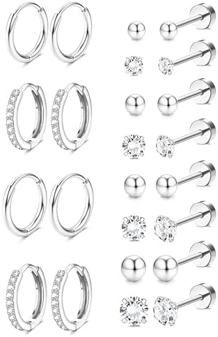 Jstyle Ear jewellery for sensitive ears, hypoallergenic surgical steel, 14K gold, flat back, women, men, small stainless steel stud ring, cartilage set, various piercings