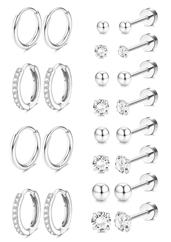 Jstyle Silver Stud Hoop Earrings for Women, Hypoallergenic Surgical Steel Earrings for Sensitive Ears, Comfortable Flat Back Earring for Sleeping/Daily, Nickel-Free Cartilage Earring Stack Set for Multiple Piercing Jewelry 12Pairs B