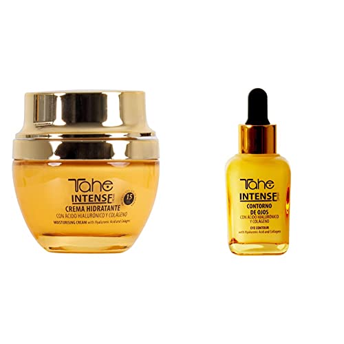 Tahe Intense Crema Facial Hidratante con Colágeno y Ácido Hialurónico, FPS 15, 50 ml & Intense Contorno de Ojos Muy Ligero Efecto Rejuvenecedor y Nutritivo en Envase Monogotas, 30 ml